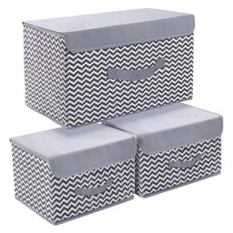 House of Quirk 3 Pack Foldable Storage Bin with Lid and Handle, Versatile Storage Baskets Boxes for Toys, Clothes, Papers, Books, Makeups (Wave, Grey)-16