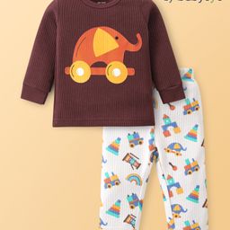 Babyoye Cotton Knit Full Sleeves Thermal Vest & Pant Set with Toy Print - Brown & White-image-69