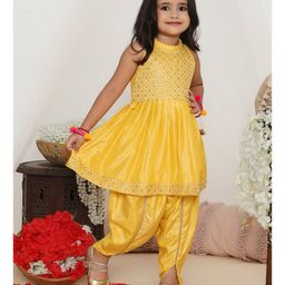 KID1 Sleeveless Sequins Embellished & Thread Work Embroidered Peplum Kurta & Dhoti Set - Yellow-image-70