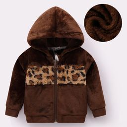 Kookie Kids Full Sleeves Hooded  Winter Fur Jacket with Leopard Theme Design - Brown-image-57