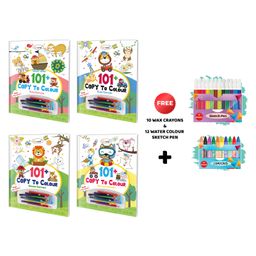 Gowoo 101+ Copy to Colour - Pink, Blue, Green and Yellow Edition with 10 Wax Crayons & 12 Water Colour Sketch Pen : Educational Coloring Fun, Kids Copy and Color Art Book | Pack of 4 Copy to Colour Books-1