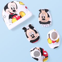 Babyhug Disney Interlock Knit Caps Mittens & Booties With Mickey Mouse Graphic - White-image-13