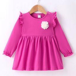 Zero Sinker Knit Full Peasant Sleeves Solid Colour Frock with Floral Applique - Dark Pink-image-16