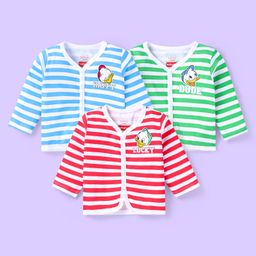 Babyhug Disney Interlock Knit Full Sleeves Front Open Striped Vests with Donald Duck Print Pack of 3 - Red Green & Blue-picture-29