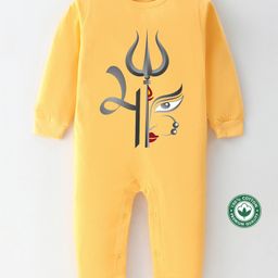 BLUSHES Navaratri Theme 100% Cotton Full Sleeves Maa Text With Trident Printed Romper - Yellow-picture-0
