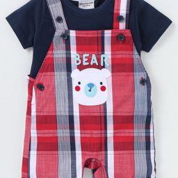 Wonderchild Checked Bear Patch Detailed Dungaree With Half Sleeves Solid Tee - Navy Blue-image-99