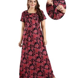 Fabme Half Sleeves Floral Printed Maternity Nighty With Concealed Zipper Nursing Access - Pink-image-14