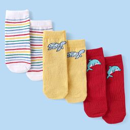 Cute Walk by Babyhug Ankle Length Antibacterial Socks with Stripes & Animal Design Pack Of 3 - Yellow & Red-image-95