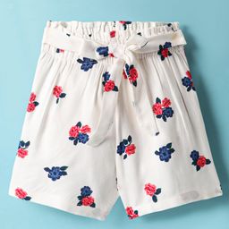 CrayonFlakes Rayon Floral Printed Shorts With Bow Applique Detailed Attached Belt - Off White-image-99