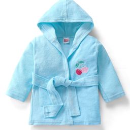 Babyhug Velour Knit Full Sleeves Hooded Bath Robe with Cherry Embroidery - Light Blue-image-29