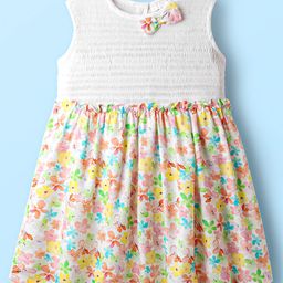 Babyhug Rayon Woven Sleeveless Smocked Frock with Floral Print & Bow Applique - White-image-96