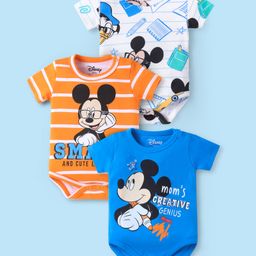 Babyhug Disney Interlock Knit Half Sleeves Onesies With Mickey Mouse Graphics Pack Of 3 - Blue White & Orange-image-60