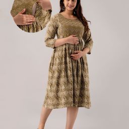 Step Queen Rayon Three Fourth Sleeves Chevron & Paisleys Printed Maternity Dress With Nursing Access - Green-image-25