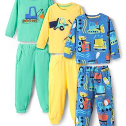 Bonfino 100% Cotton Knit Full Sleeves Co-Ord Night Suit with Vehicle Print Pack Of 3 - Blue Yellow & Light Green-image-63