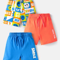 Babyhug Cotton Knit Mid Thigh Shorts with Text Print Pack of 3 - Coral White & Blue-image-109