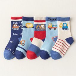 Kidofash Cotton Pack Of 5 Striped & Construction Vehicles Designed Socks - Sky Blue-picture-12