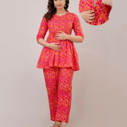 CeleBravo Cotton Three Fourth Sleeves Chevron Printed Coordinating Maternity Kurta With Nursing Access & Pant Set - Pink-image-25