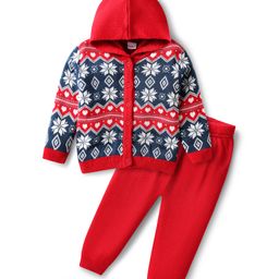 Babyhug Knitted Full Sleeves Hooded Sweater Set with Floral Design - Red-image-118
