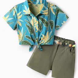 OLLINGTON ST. Cotton Knit Half Sleeves Tropical Theme Printed Top & Twill Shorts Set with Belt - Multicolor & Olive Green-image-62