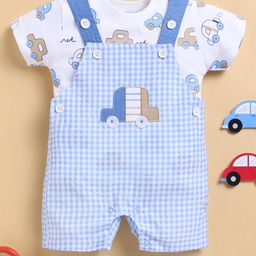 Wonderchild Interlock Car Patch Detailed Checked Romper With Half Sleeves Tee - Blue & White-image-12