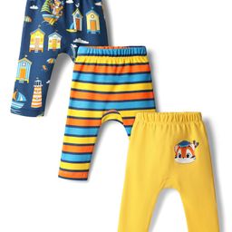 Babyhug Cotton Interlock Knit Full Length Diaper Leggings with Stripe Design & Animal Print Pack of 3 - Yellow Navy Blue & Red-image-32