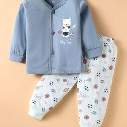 CUCUMBER Sinker Knit Full Sleeves Night Suit With Animal & Football Print - Blue-image-19