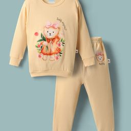 BUMZEE Cotton Knit Full Sleeves Cotton Teddy Bear Printed Sweatshirt & Jogger Set - Peach-image-23