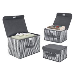House of Quirk 3 Pack Foldable Storage Bin with Lid and Handle, Versatile Storage Baskets Boxes for Toys, Clothes, Papers, Books, Makeups (Wave, Grey) image 4