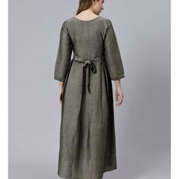 Dummy Shape Three Fourth Sleeves Abstract Printed Maternity Flared Kurta With Attached Floral Embroidered Belt & Concealed Zipper Nursing Access - Grey image 5