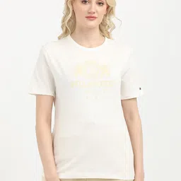 Tommy Hilfiger Women Brand Logo Printed Round Neck Cotton T-shirt-image-112