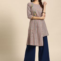 Sangria Red & Charcoal Grey Striped Asymmetric Hem Kurta-image-57