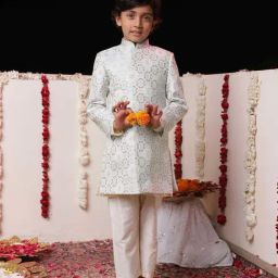 VASTRAMAY Boys White Self Full Sleeves Indowestern Sets-image-1