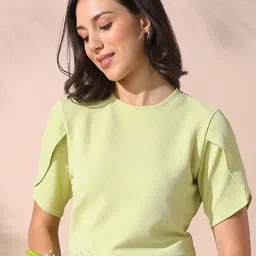 DL Woman Solid Textured Round Neck Half Petal Sleeves Top-image-53