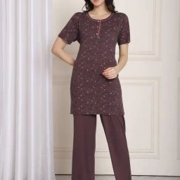 Kanvin Brown Cotton Printed Tunic Pyjamas Set-image-39