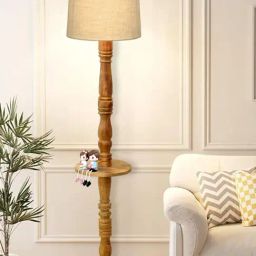 Homesake Rustic Brown Floor Lamp with Off-White Shade & Tray End Table for Living Room-69