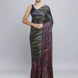 Navyasa Black Liva Satin Geometric Printed Saree With Coordinated Unstitched Blouse Piece-image-1