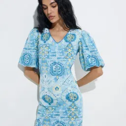 Bombay Paisley by Westside Light Blue Print Cotton-Blend Straight Dress-image-19