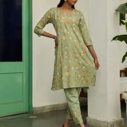 House Of Chikankari Green Cotton Aari Embroidered Kurta Pants Set-image-31