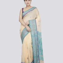 Pinkloom Beige & Blue Cotton Woven Saree With Unstitched Blouse-image-37