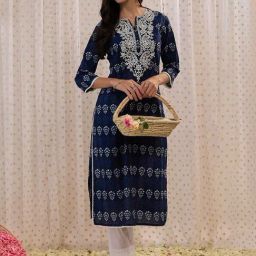 Indo Era Navy Cotton Printed Straight Kurta-image-42