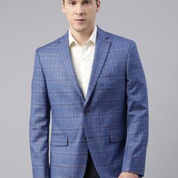 Theme Men Blue & White Checked Slim Fit Single-Breasted Blazer-image-35