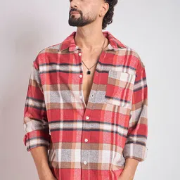 CHIMPAAANZEE Men Oversized Fit Tartan Checked Spread Collar Casual Shirt-picture-0