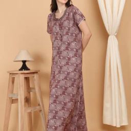Sweet Dreams Maroon Cotton Print Short sleeve Night Dress-picture-11