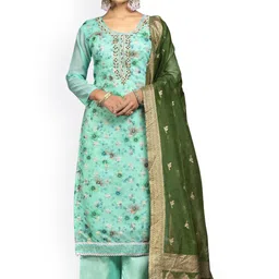 HERE&NOW Floral Printed Beads and Stones Organza Unstitched Dress Material-image-94