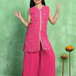 Sangria Girls Foil Printed V NeckKurta With Palazzo Sets-picture-26