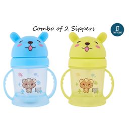 Tiny Tycoonz Cartoon Theme Sipper Cups with Straw and Handle Pack of 2 Blue Green - 300 ml each-74