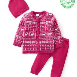 Babyhug Organic Cotton Knit Full Sleeves Sweater Set with Cap & Reindeer Design - Dark Pink-image-67