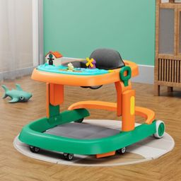 fab n funky Multi Function Cushioned Seat Adjustable Height Baby Walker with Toy Bar & Music - Orange & Green-picture-31
