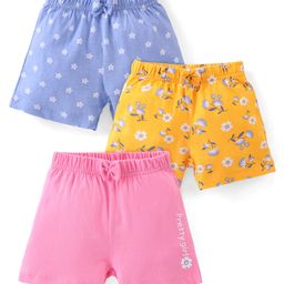 Babyhug Cotton Knit Shorts Floral Print Pack of 3 - Blue Yellow & Pink-image-99