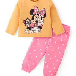Babyhug Disney Cotton Knit Full Sleeves Night Suit With Minnie Mouse Graphics - Orange & Pink-picture-1
